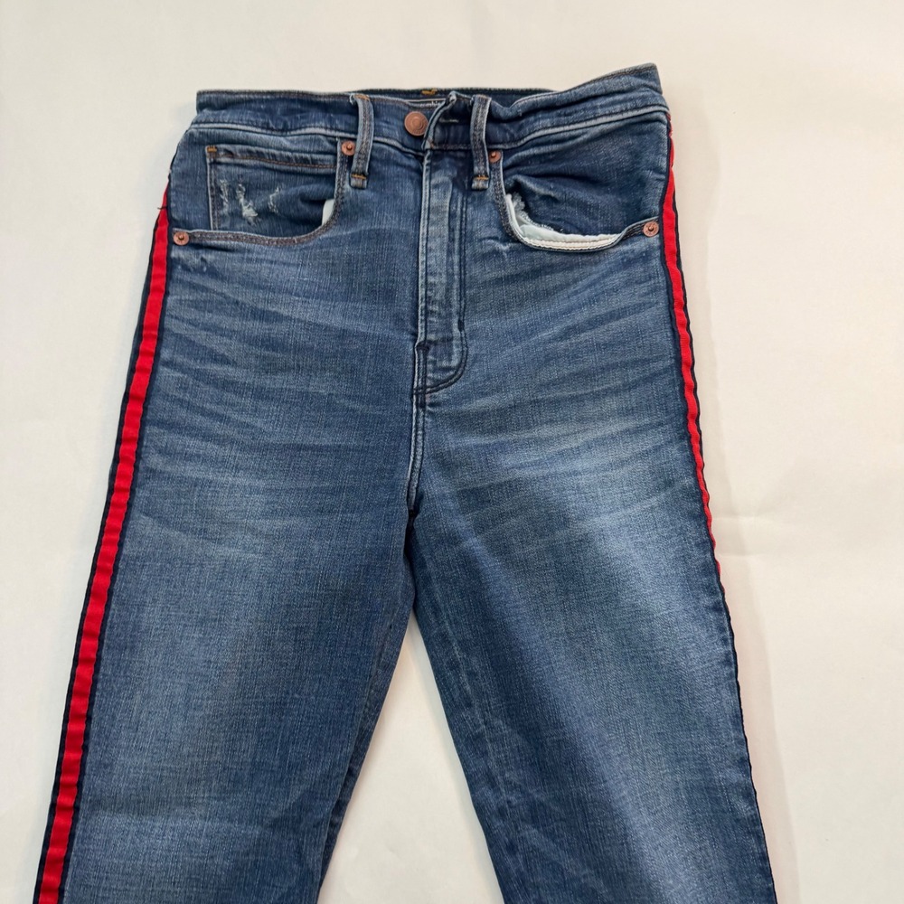 Abercrombie Fitch Ultra High Rise Super Skinny Ankle Jeans Red Stripe Raw Hem 26